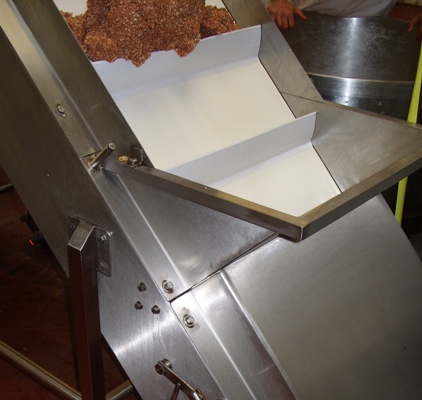 Elevating Conveyor System with raw flapjack product